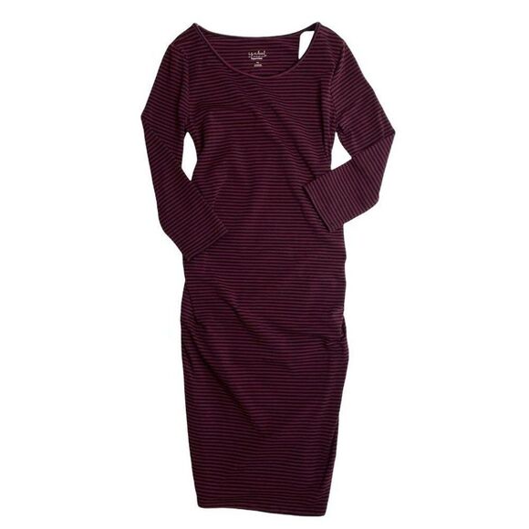 Isabel Maternity Midi Dress Women's XS Red Black Stretchy Striped Shirred NEW - Picture 1 of 9